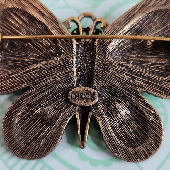 Signed Chico's Rhinestone AB Aurora Borealis Butterfly Brooch Pin - Picture 3 of 4